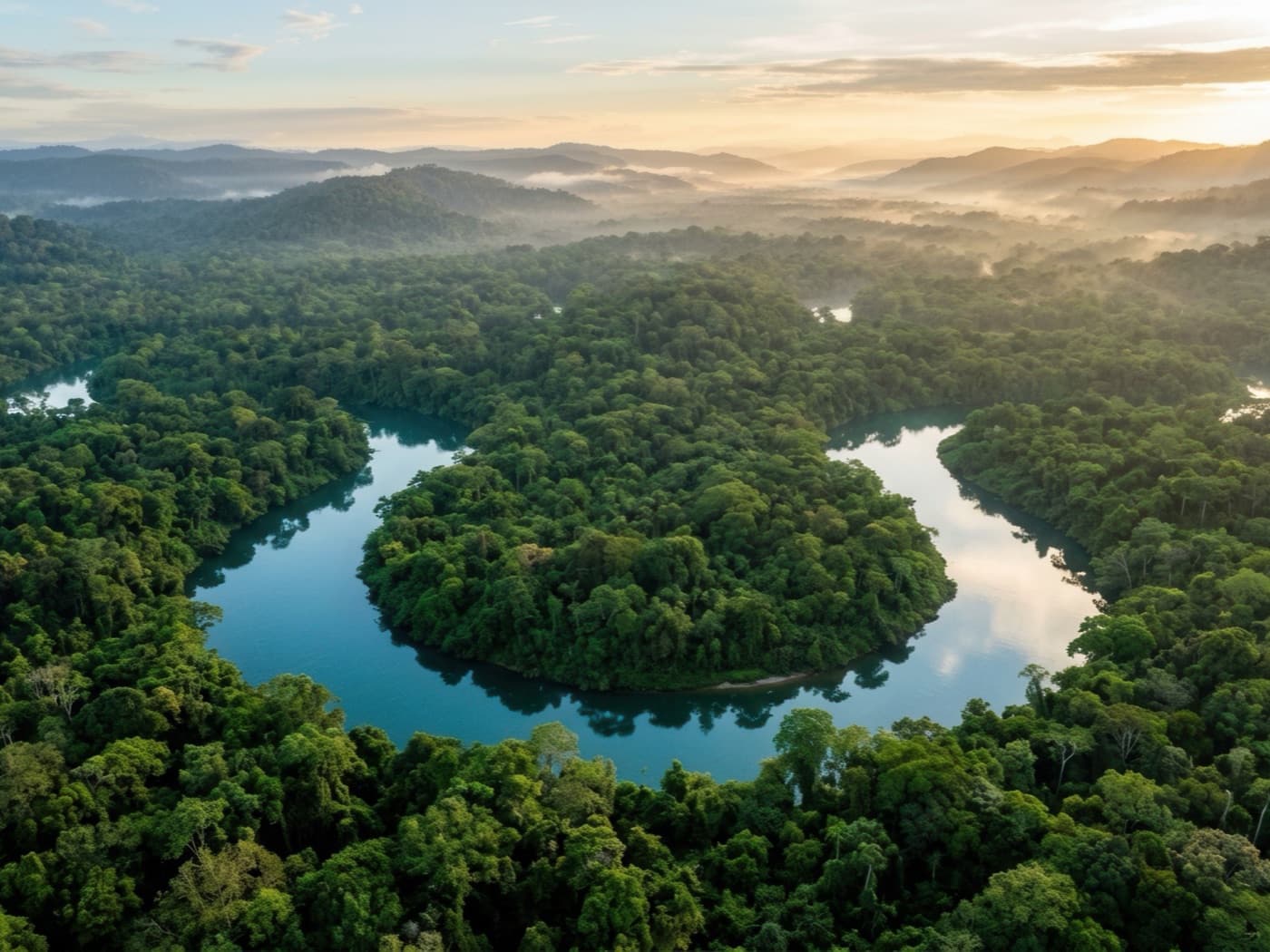 Vista aérea de floresta tropical ao amanhecer, com rios e serras ao fundo